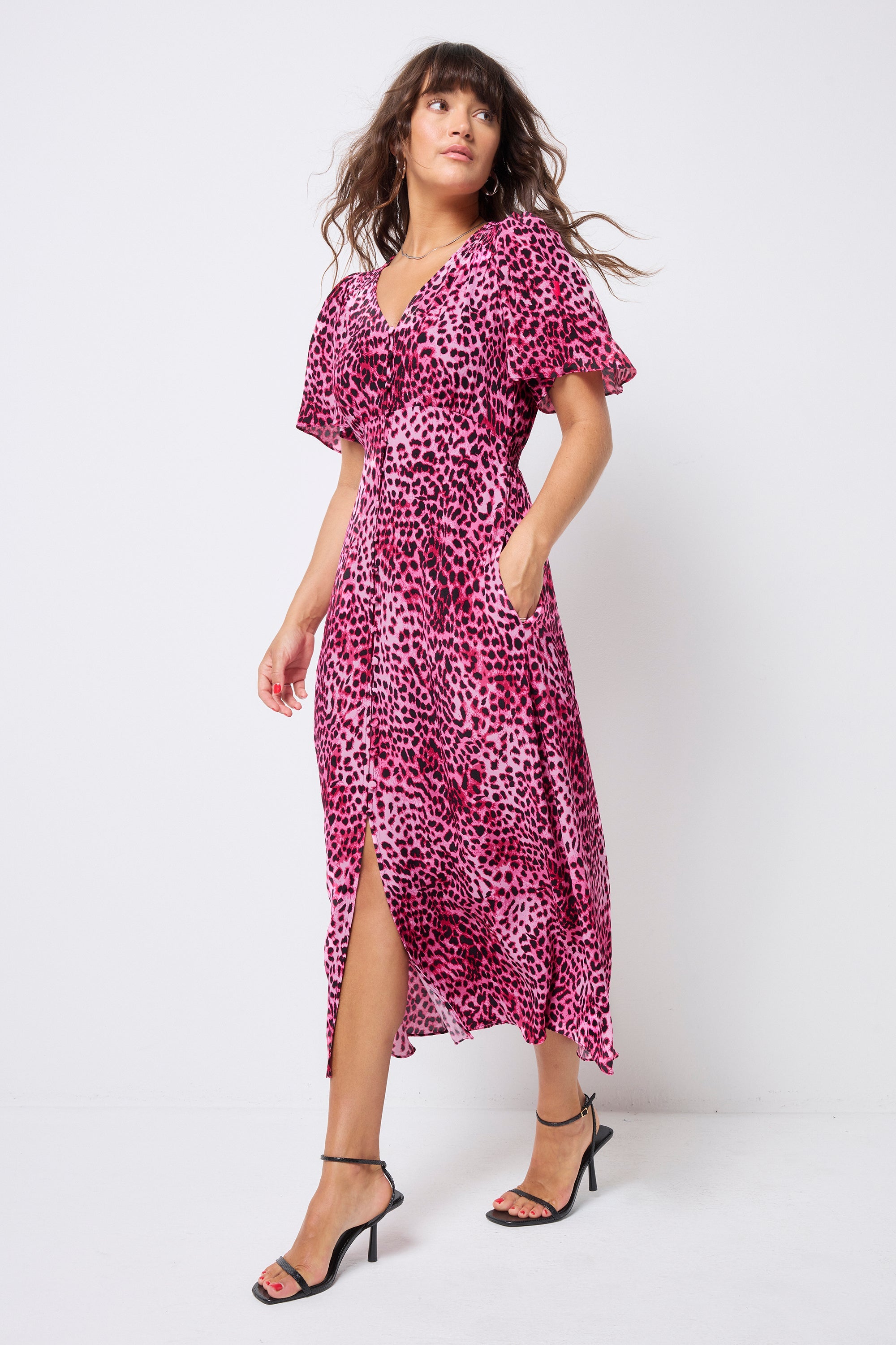 COMING SOON: Bright Pink with Black Cheetah Angel Sleeve Midi Tea Dress