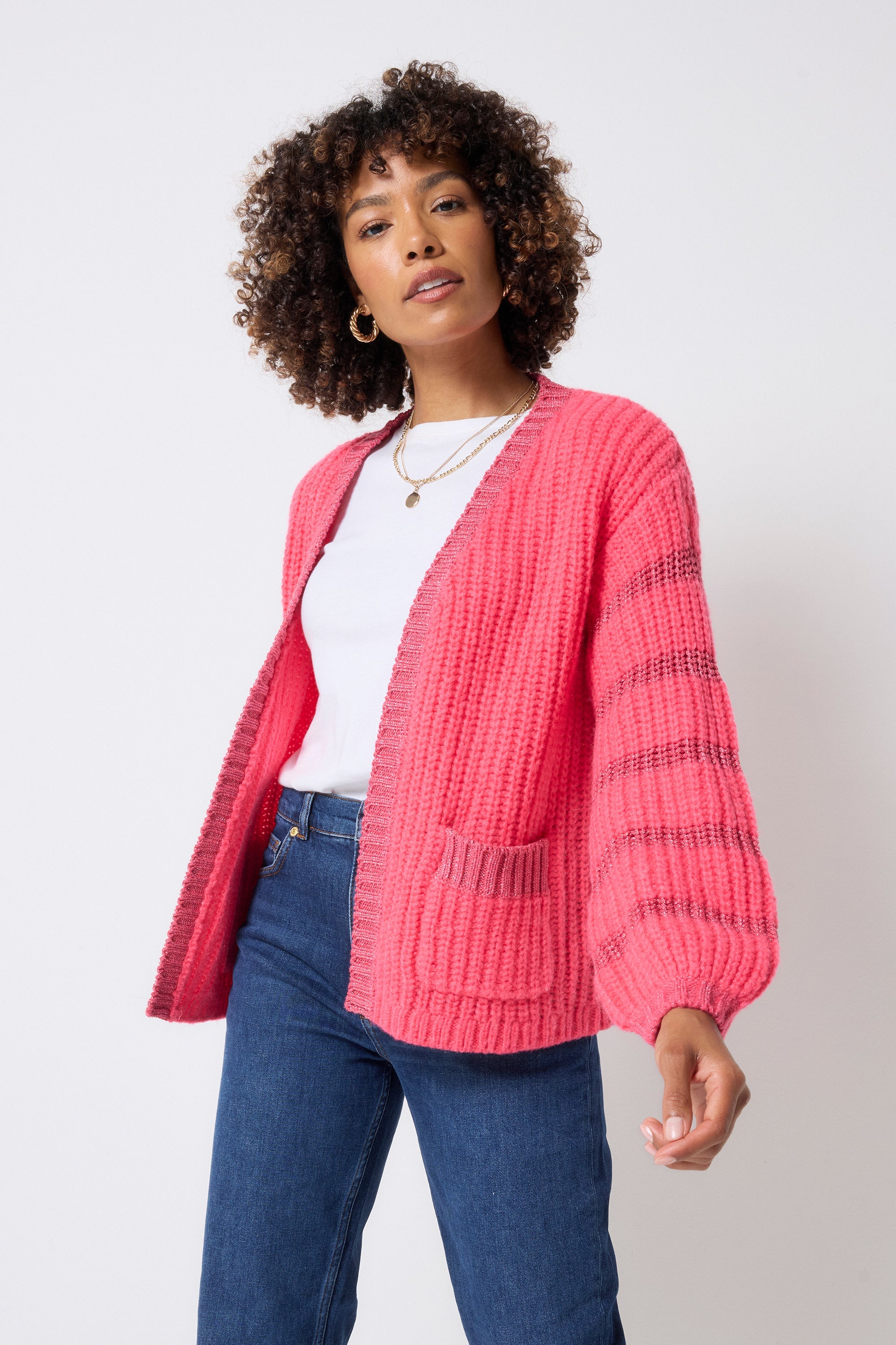 Coral with Pink Lurex Stripe Edge to Edge Cardigan