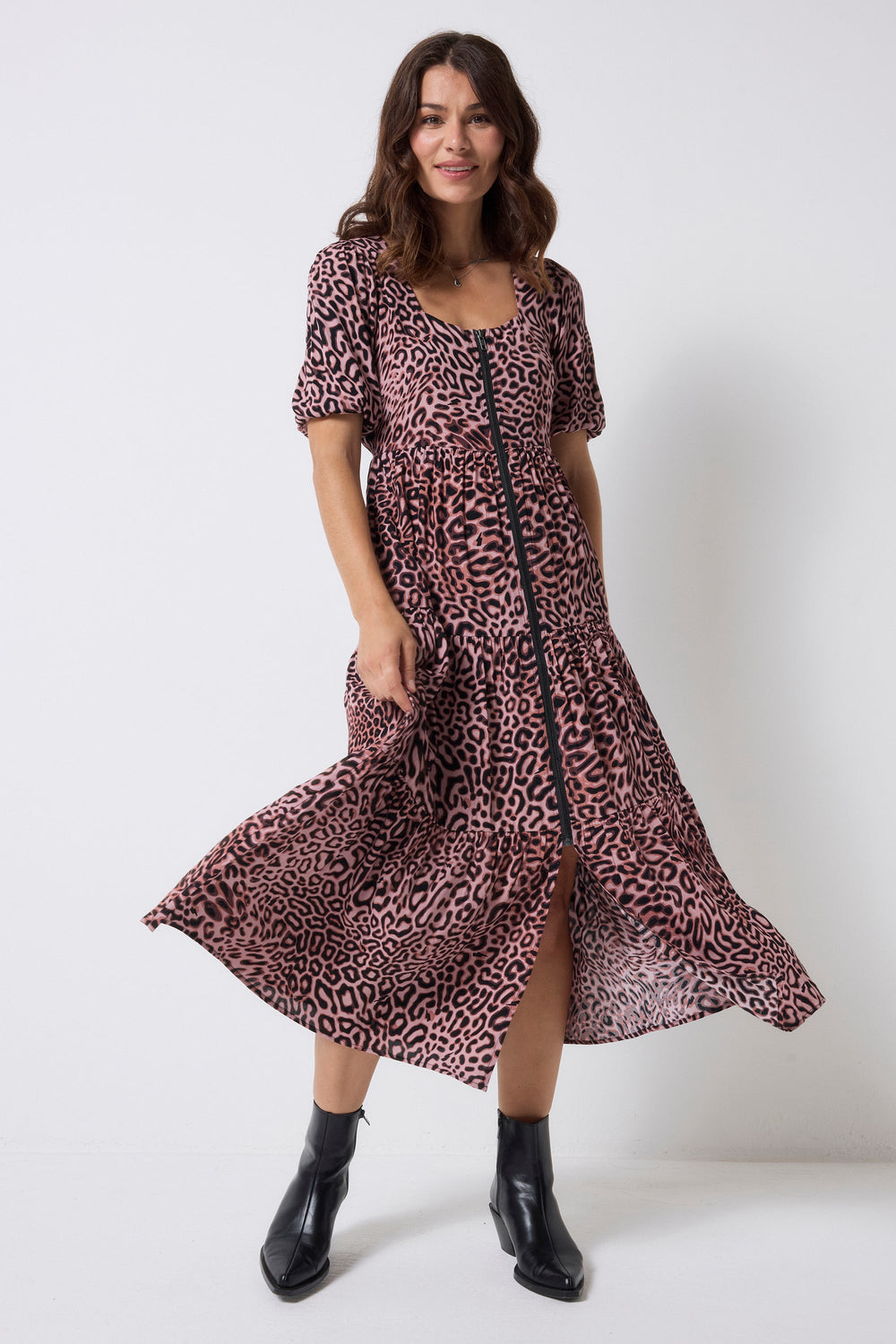 COMING SOON: Neutral Leopard Ray Square Neck Zip Detail Tiered Midi Dress