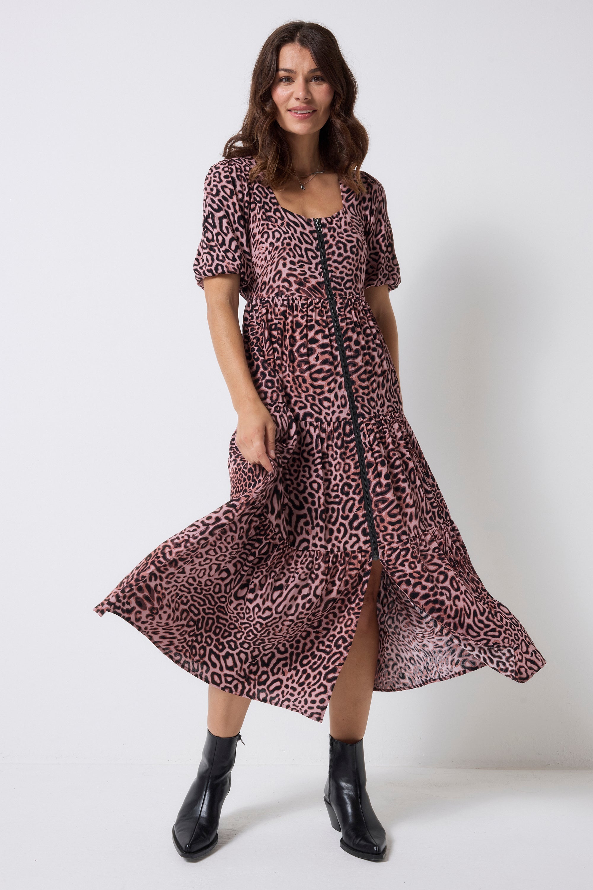 COMING SOON: Neutral Leopard Ray Square Neck Zip Detail Tiered Midi Dress