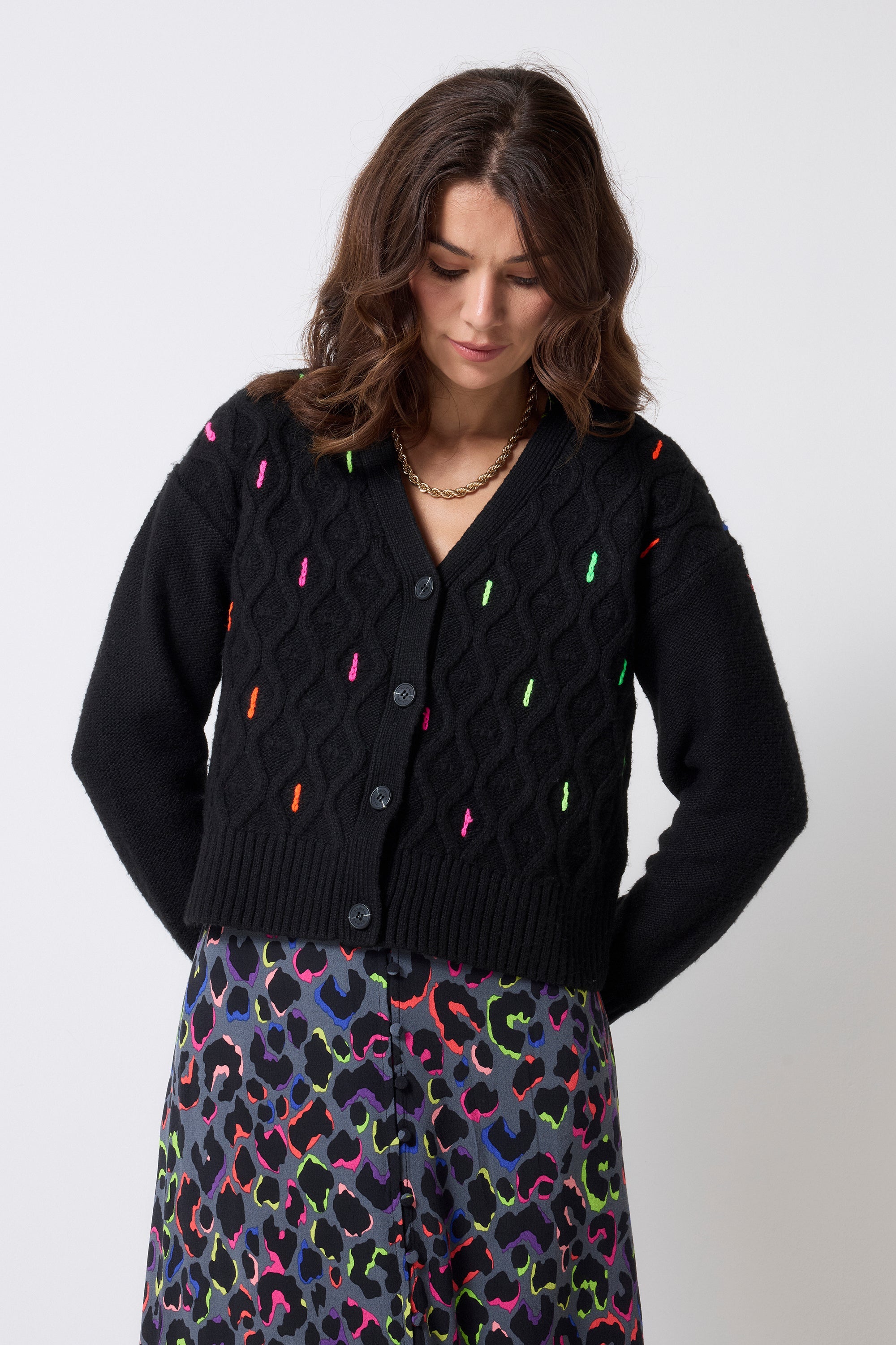 Black with Neon Rainbow Flecks Cable Knit Cardigan