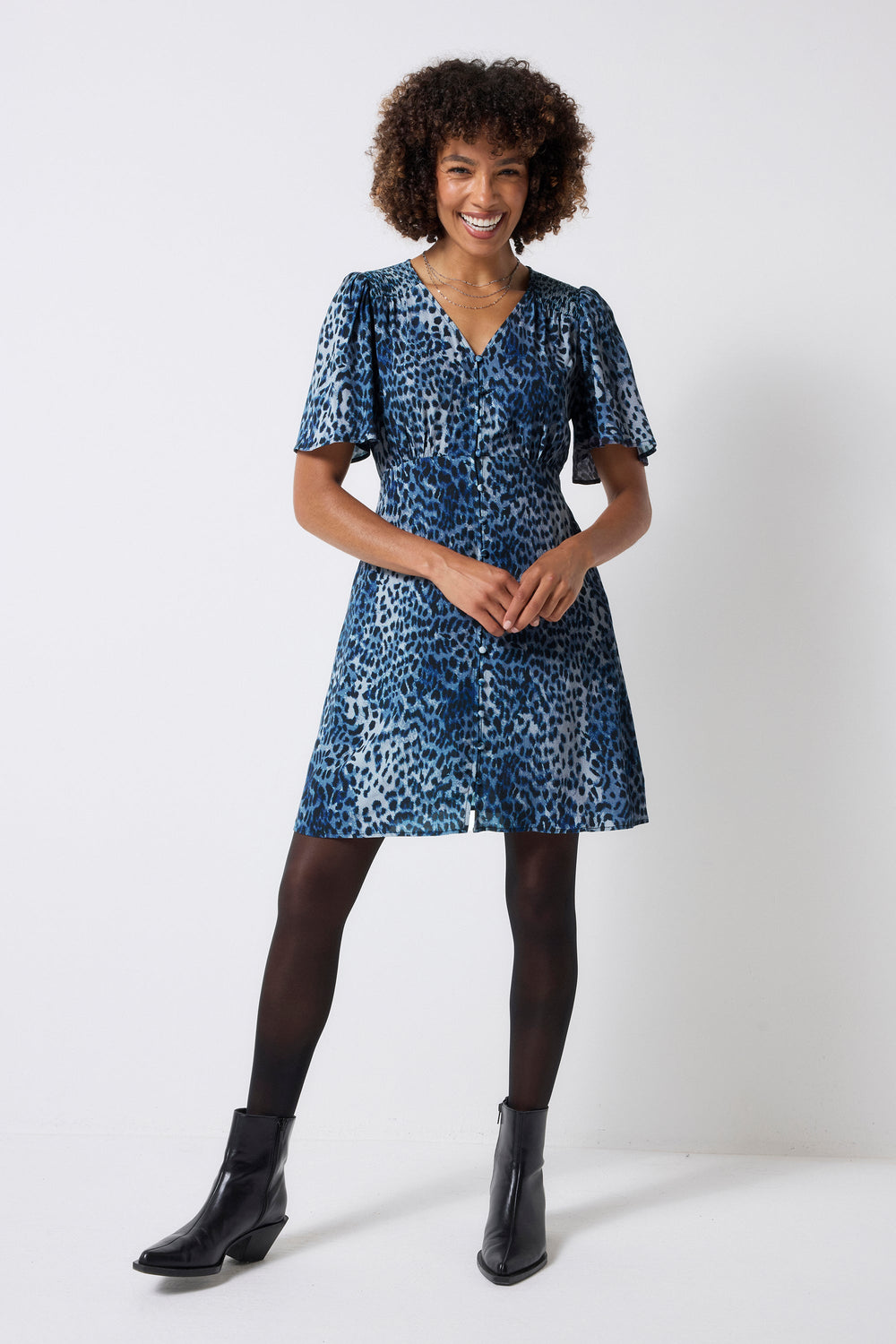 Navy Cheetah Angel Sleeve Short Tea Dress