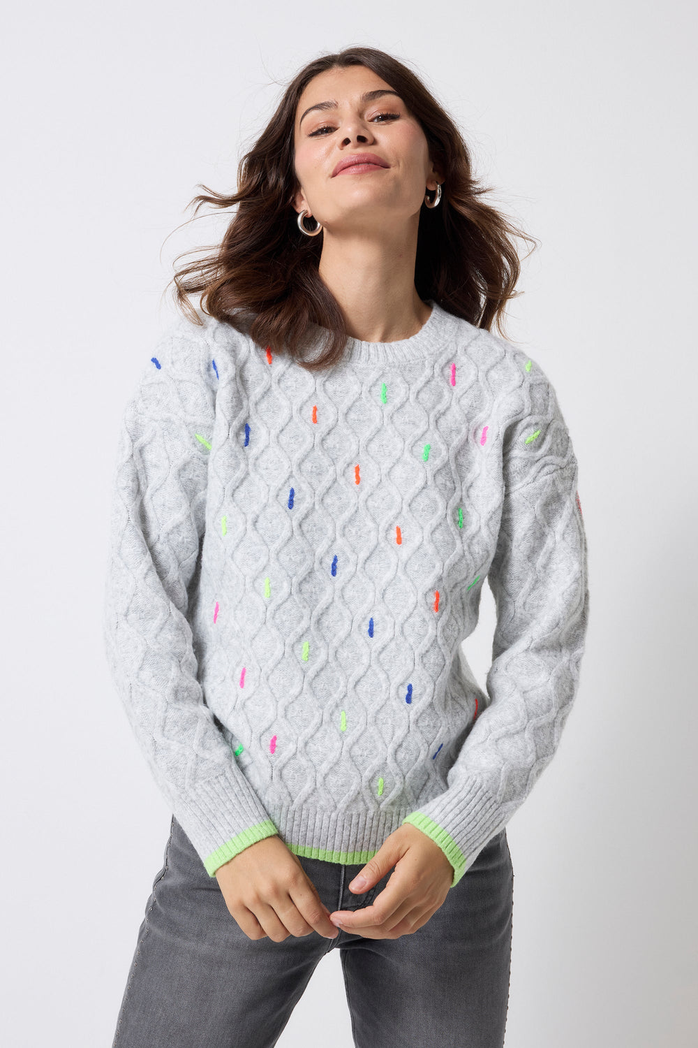 Grey with Neon Rainbow Fleck Cable Knit Jumper