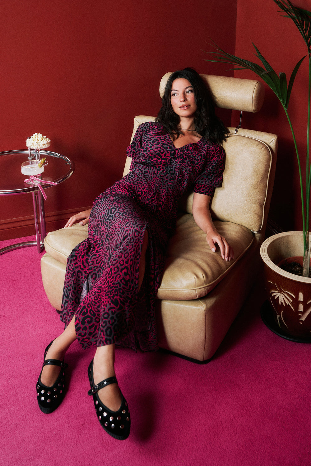 COMING SOON: Grey with Pink Leopard Ray Blouson Sleeve Midi Tea Dress